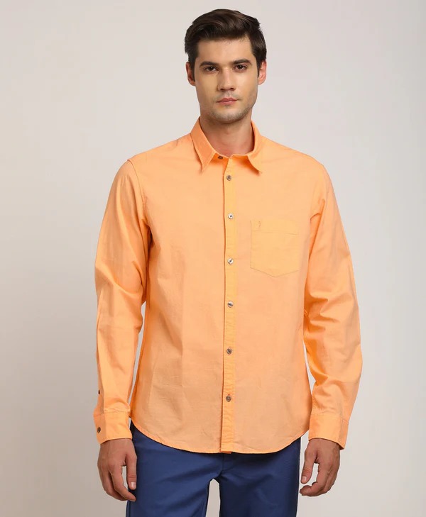 Indian Terrain Men's Regular Fit Full Sleeve Solid Orange Shirt